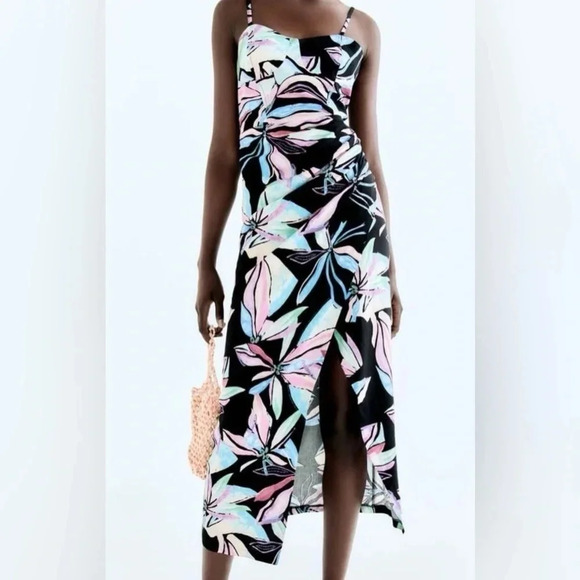 EUC Zara Linen Blend Tropical Print Corset Ruched Midi Dress Size Medium - Picture 3 of 17